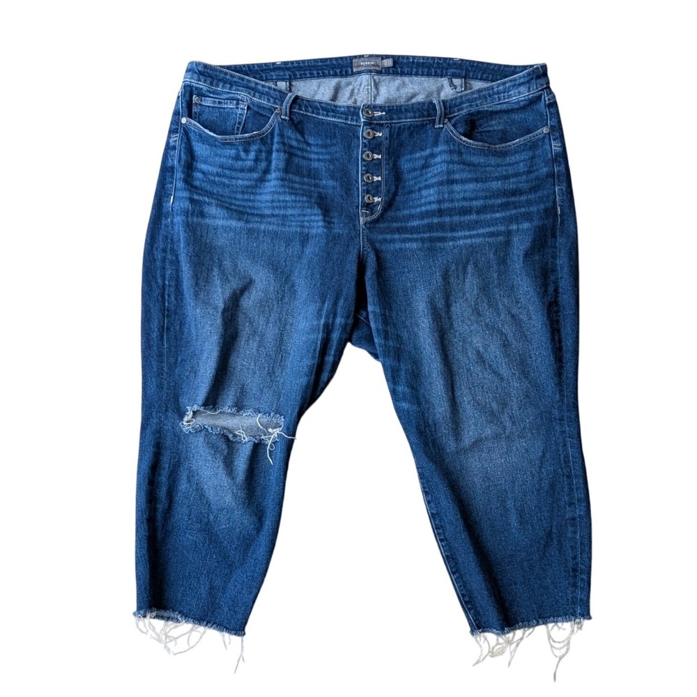 Torrid‎ Womens Jeans Blue Distressed Button Fly Crop Raw Hem Size 28S